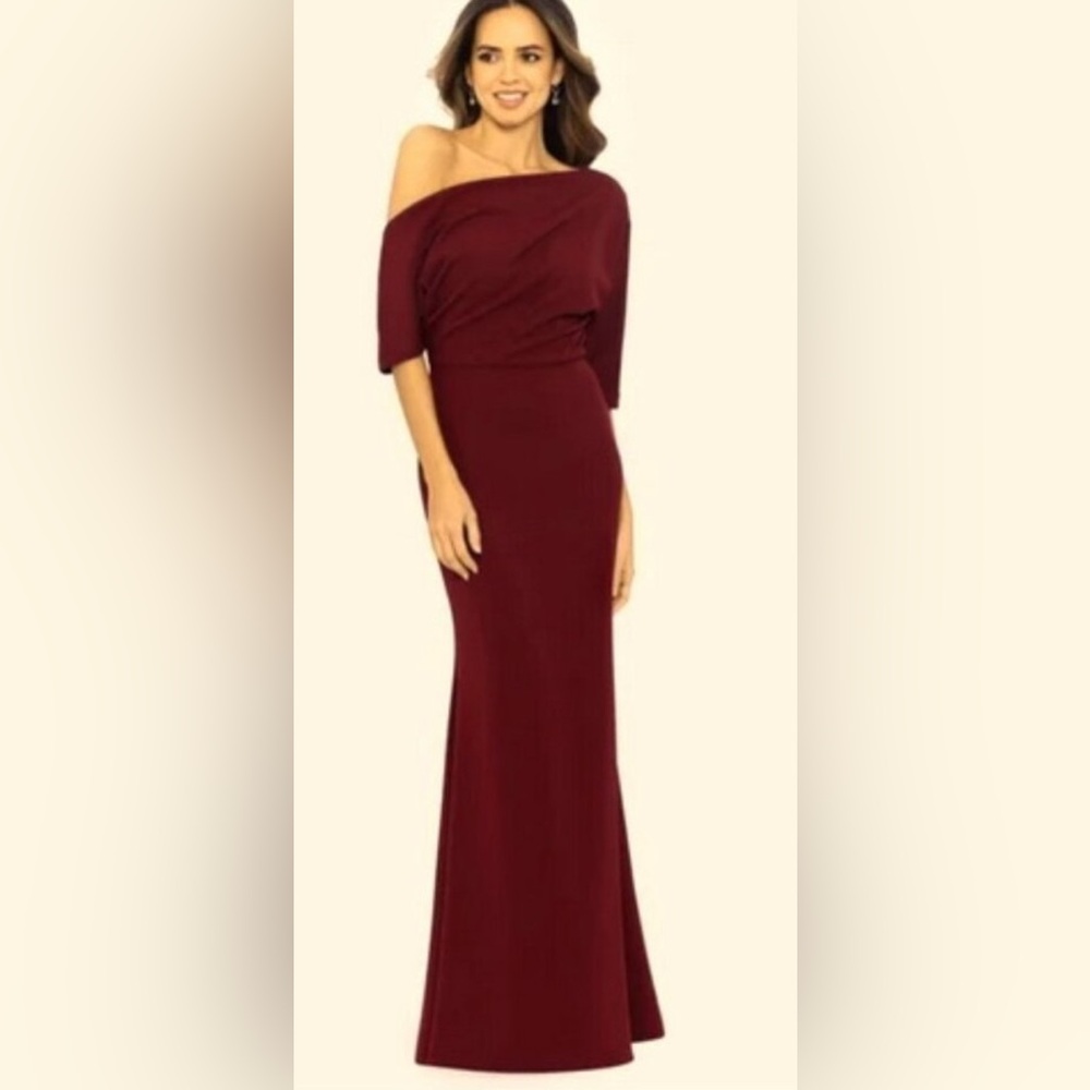 Betsy & Adam One-Shoulder Burgundy Asymmetrical Evening Gown